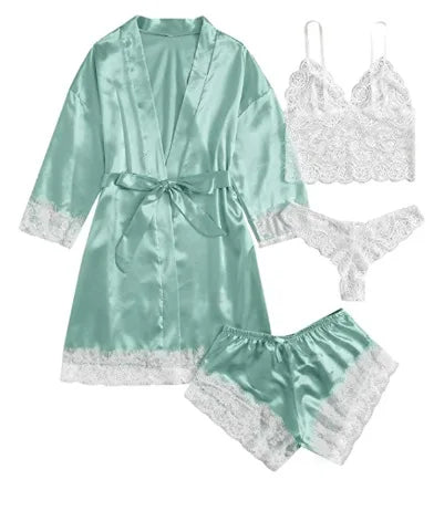 Conjunto Luxo 4 Peças Cetim Royale com Renda (Robe Kimono + Regata + Shorts + Faixa)