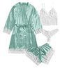 Conjunto Luxo 4 Peças Cetim Royale com Renda (Robe Kimono + Regata + Shorts + Faixa)