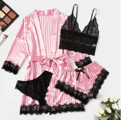 Conjunto Luxo 4 Peças Cetim Royale com Renda (Robe Kimono + Regata + Shorts + Faixa)