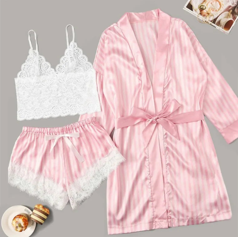 Conjunto Luxo 4 Peças Cetim Royale com Renda (Robe Kimono + Regata + Shorts + Faixa)