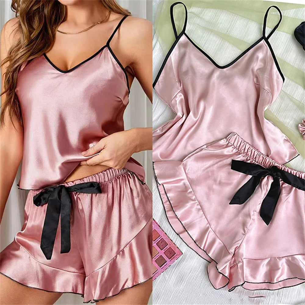 Conjunto Pijama Babados Sweet Tie (Regata Decote V + Shorts com Laço Acetinado)