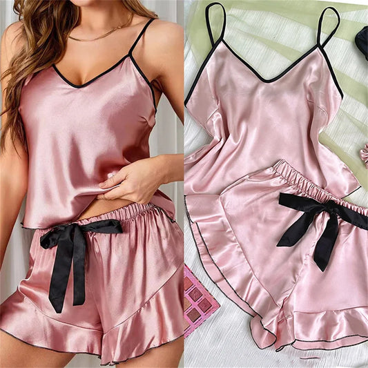 Conjunto Pijama Babados Sweet Tie (Regata Decote V + Shorts com Laço Acetinado)