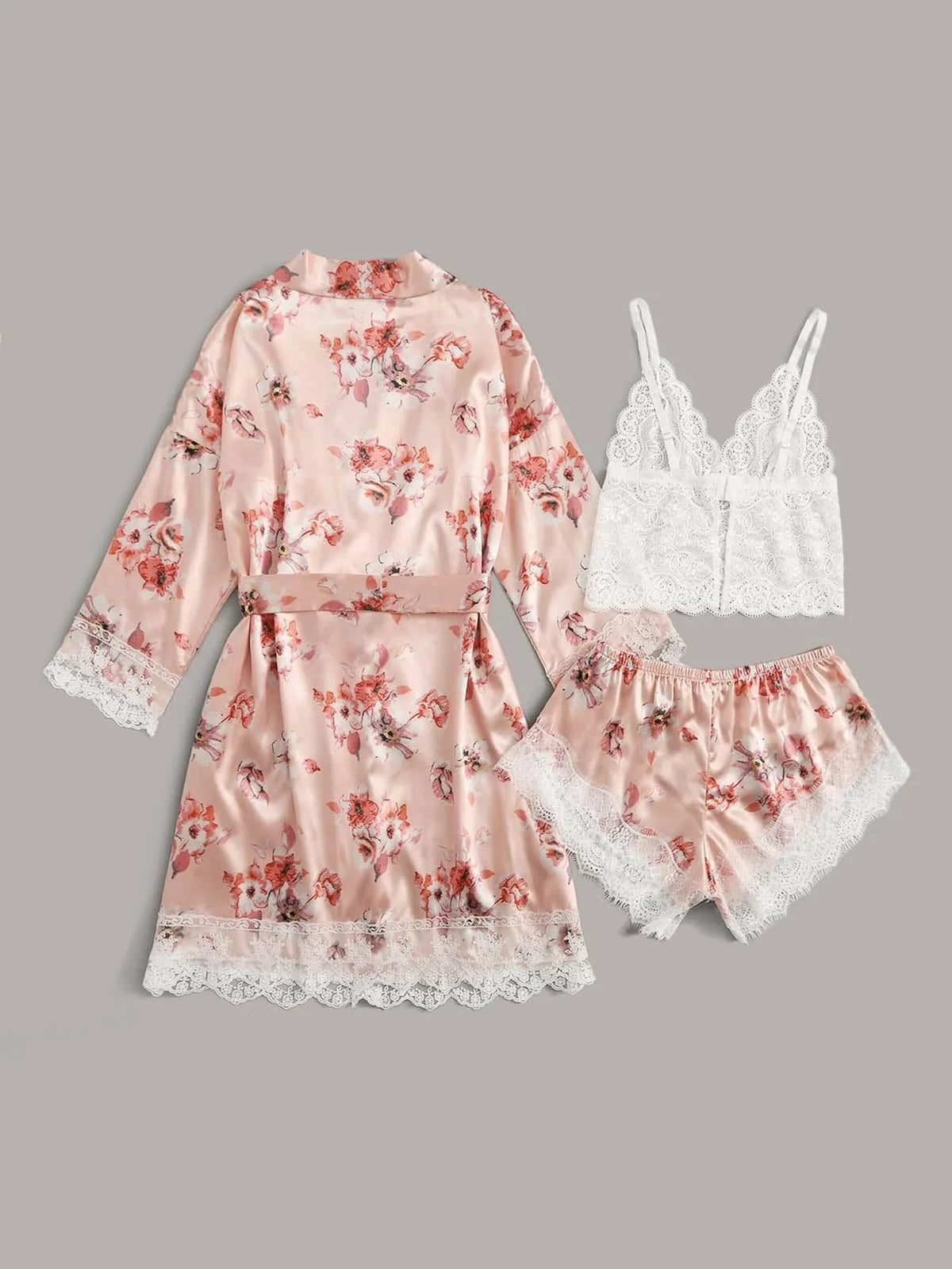Conjunto Luxo 4 Peças Cetim Royale com Renda (Robe Kimono + Regata + Shorts + Faixa)