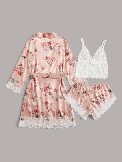 Conjunto Luxo 4 Peças Cetim Royale com Renda (Robe Kimono + Regata + Shorts + Faixa)