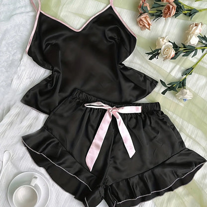 Conjunto Pijama Babados Sweet Tie (Regata Decote V + Shorts com Laço Acetinado)