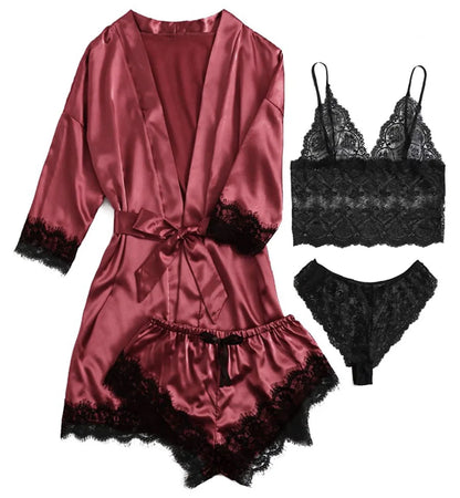 Conjunto Luxo 4 Peças Cetim Royale com Renda (Robe Kimono + Regata + Shorts + Faixa)