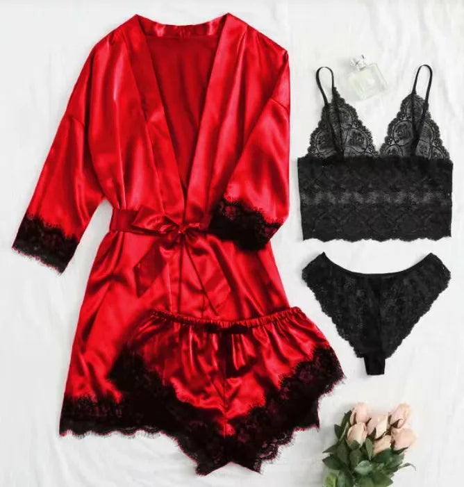 Conjunto Luxo 4 Peças Cetim Royale com Renda (Robe Kimono + Regata + Shorts + Faixa)