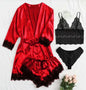 Conjunto Luxo 4 Peças Cetim Royale com Renda (Robe Kimono + Regata + Shorts + Faixa)