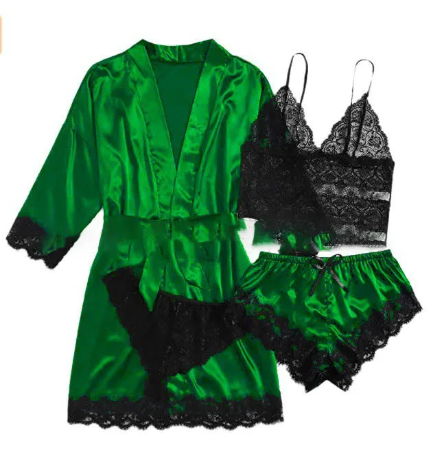Conjunto Luxo 4 Peças Cetim Royale com Renda (Robe Kimono + Regata + Shorts + Faixa)