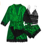 Conjunto Luxo 4 Peças Cetim Royale com Renda (Robe Kimono + Regata + Shorts + Faixa)