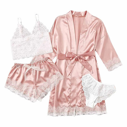 Conjunto Luxo 4 Peças Cetim Royale com Renda (Robe Kimono + Regata + Shorts + Faixa)