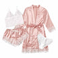 Conjunto Luxo 4 Peças Cetim Royale com Renda (Robe Kimono + Regata + Shorts + Faixa)