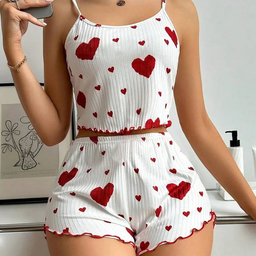 Conjunto Pijama Feminino Romântico Sweet Heart (Regata Cami + Shorts)