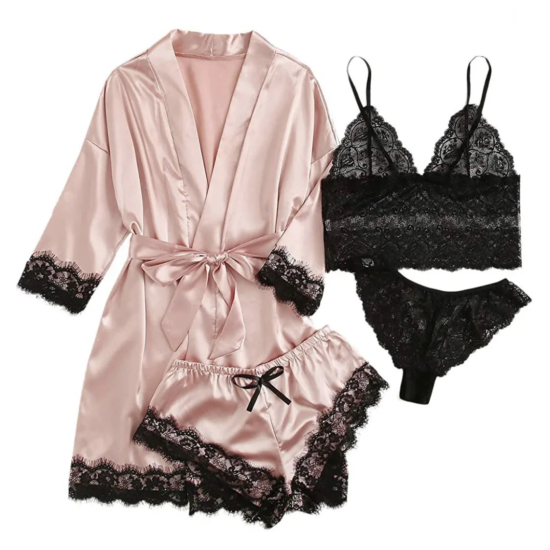 Conjunto Luxo 4 Peças Cetim Royale com Renda (Robe Kimono + Regata + Shorts + Faixa)