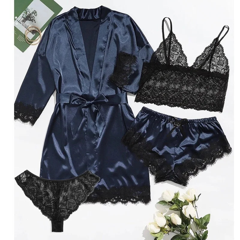 Conjunto Luxo 4 Peças Cetim Royale com Renda (Robe Kimono + Regata + Shorts + Faixa)