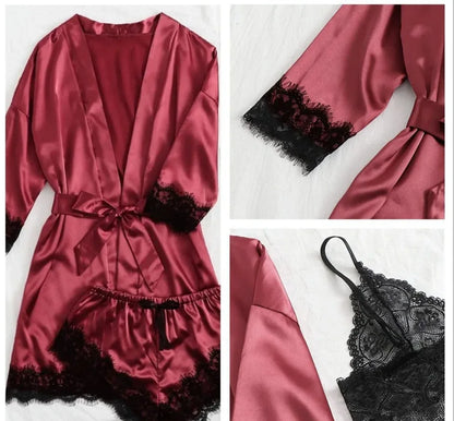 Conjunto Luxo 4 Peças Cetim Royale com Renda (Robe Kimono + Regata + Shorts + Faixa)
