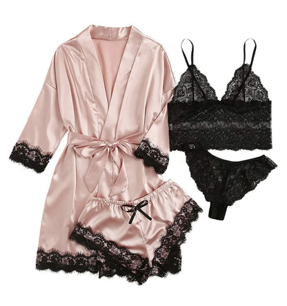 Conjunto Luxo 4 Peças Cetim Royale com Renda (Robe Kimono + Regata + Shorts + Faixa)