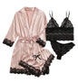 Conjunto Luxo 4 Peças Cetim Royale com Renda (Robe Kimono + Regata + Shorts + Faixa)