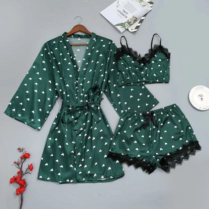 Conjunto Luxo 4 Peças Cetim Royale com Renda (Robe Kimono + Regata + Shorts + Faixa)