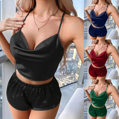Conjunto Loungewear Cetim Romântico com Babados Delicados (Top Cami + Shorts Wave)