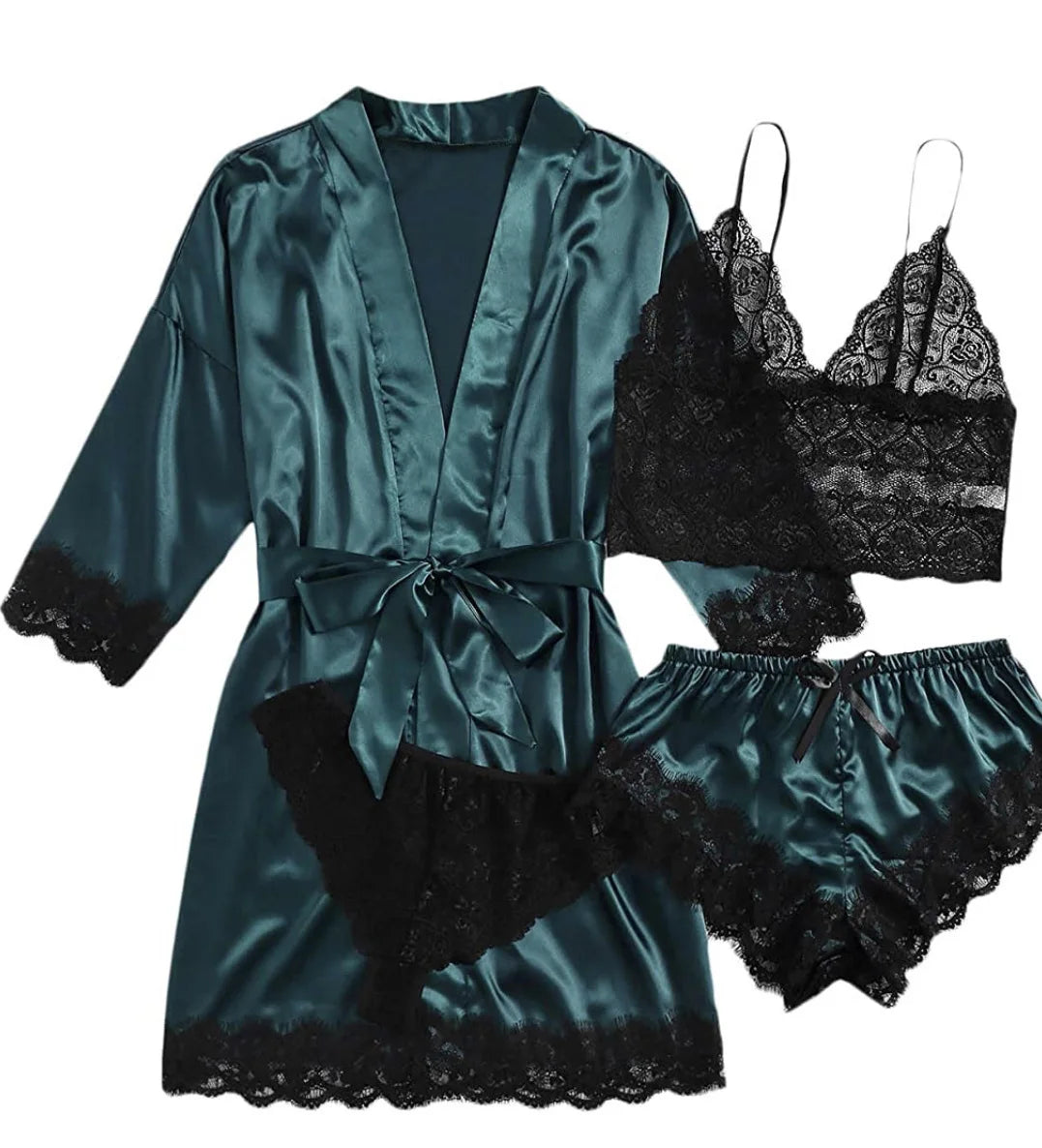Conjunto Luxo 4 Peças Cetim Royale com Renda (Robe Kimono + Regata + Shorts + Faixa)