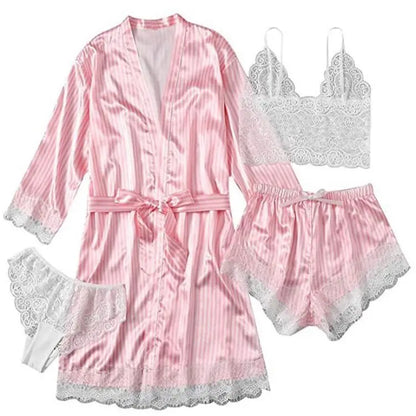 Conjunto Luxo 4 Peças Cetim Royale com Renda (Robe Kimono + Regata + Shorts + Faixa)
