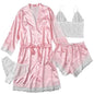 Conjunto Luxo 4 Peças Cetim Royale com Renda (Robe Kimono + Regata + Shorts + Faixa)