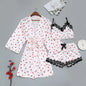 Conjunto Luxo 4 Peças Cetim Royale com Renda (Robe Kimono + Regata + Shorts + Faixa)