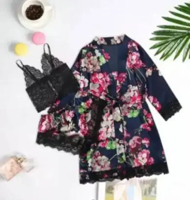 Conjunto Luxo 4 Peças Cetim Royale com Renda (Robe Kimono + Regata + Shorts + Faixa)