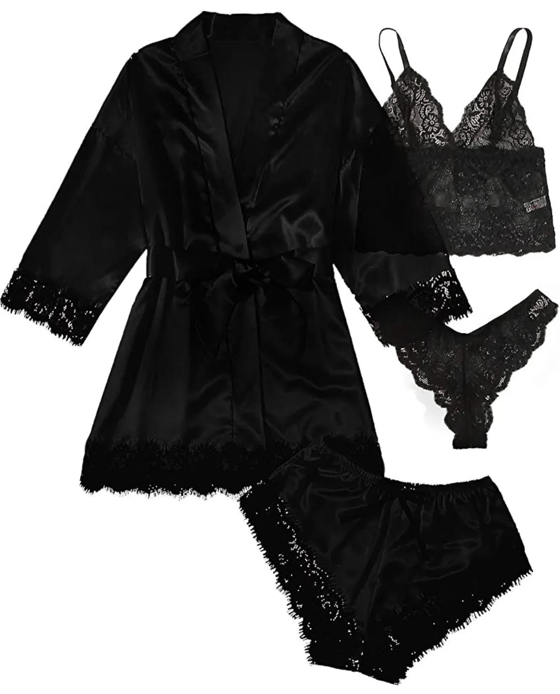 Conjunto Luxo 4 Peças Cetim Royale com Renda (Robe Kimono + Regata + Shorts + Faixa)