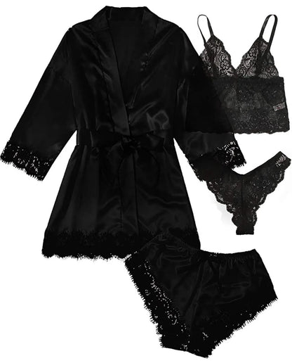 Conjunto Luxo 4 Peças Cetim Royale com Renda (Robe Kimono + Regata + Shorts + Faixa)