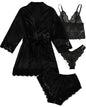 Conjunto Luxo 4 Peças Cetim Royale com Renda (Robe Kimono + Regata + Shorts + Faixa)