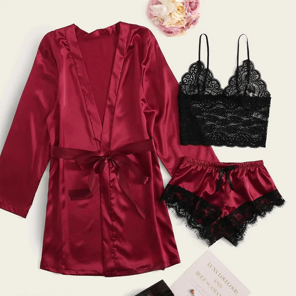 Conjunto Luxo 4 Peças Cetim Royale com Renda (Robe Kimono + Regata + Shorts + Faixa)