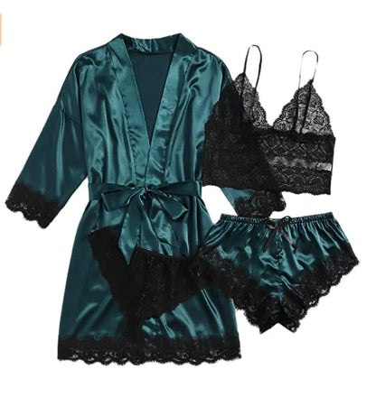 Conjunto Luxo 4 Peças Cetim Royale com Renda (Robe Kimono + Regata + Shorts + Faixa)