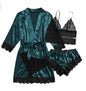 Conjunto Luxo 4 Peças Cetim Royale com Renda (Robe Kimono + Regata + Shorts + Faixa)
