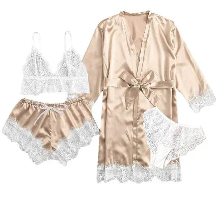 Conjunto Luxo 4 Peças Cetim Royale com Renda (Robe Kimono + Regata + Shorts + Faixa)