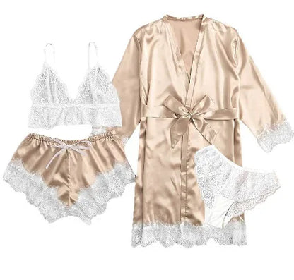 Conjunto Luxo 4 Peças Cetim Royale com Renda (Robe Kimono + Regata + Shorts + Faixa)