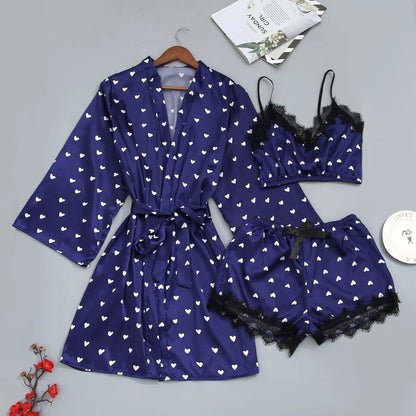 Conjunto Luxo 4 Peças Cetim Royale com Renda (Robe Kimono + Regata + Shorts + Faixa)