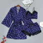 Conjunto Luxo 4 Peças Cetim Royale com Renda (Robe Kimono + Regata + Shorts + Faixa)