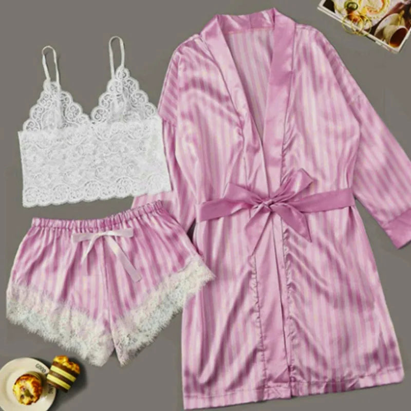 Conjunto Luxo 4 Peças Cetim Royale com Renda (Robe Kimono + Regata + Shorts + Faixa)