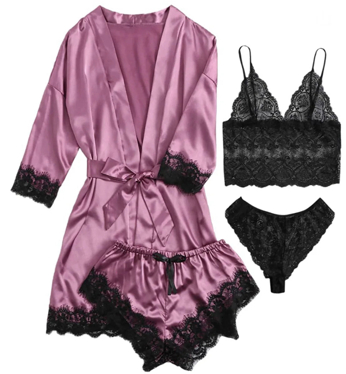 Conjunto Luxo 4 Peças Cetim Royale com Renda (Robe Kimono + Regata + Shorts + Faixa)