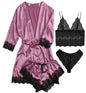 Conjunto Luxo 4 Peças Cetim Royale com Renda (Robe Kimono + Regata + Shorts + Faixa)