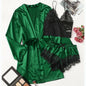 Conjunto Luxo 4 Peças Cetim Royale com Renda (Robe Kimono + Regata + Shorts + Faixa)