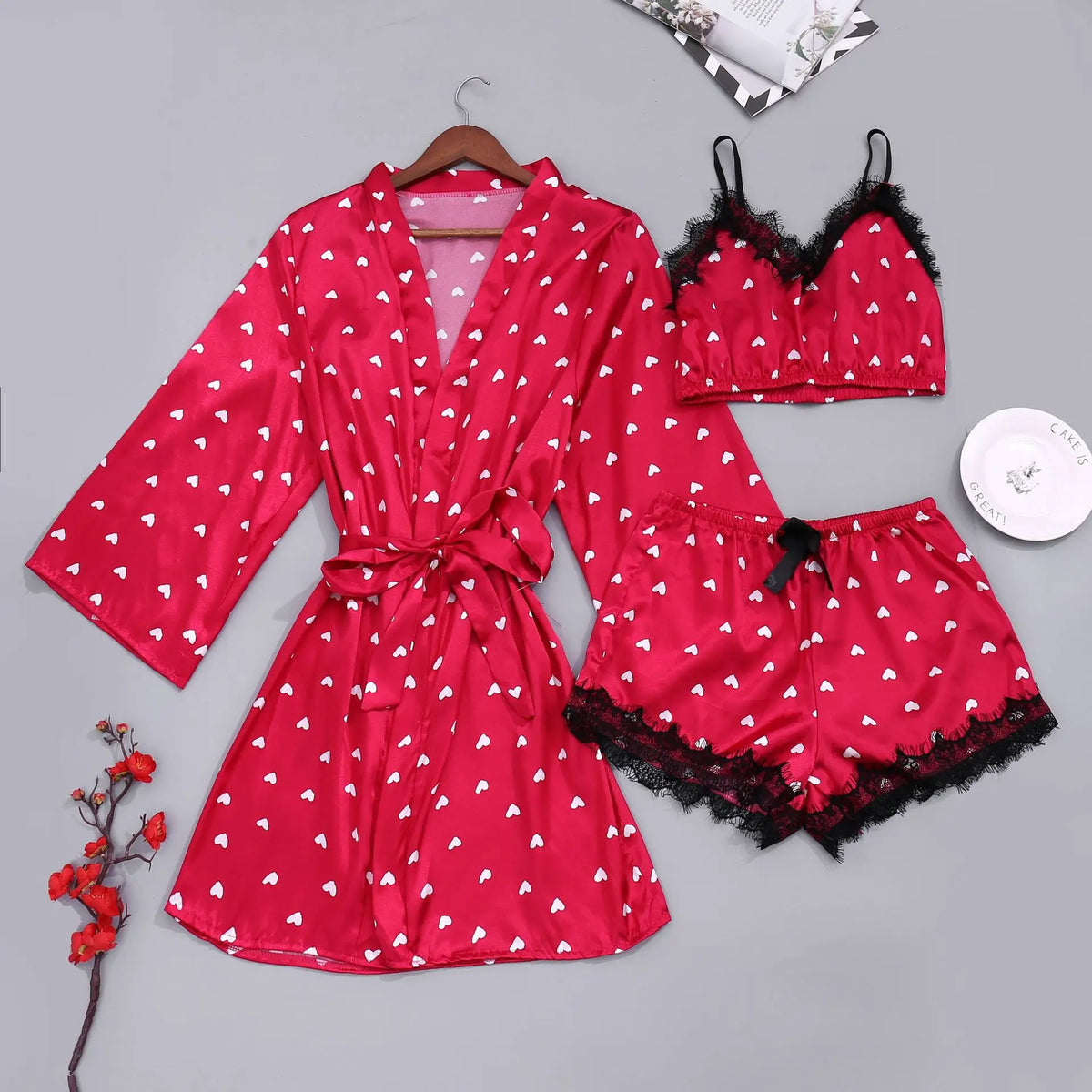 Conjunto Luxo 4 Peças Cetim Royale com Renda (Robe Kimono + Regata + Shorts + Faixa)