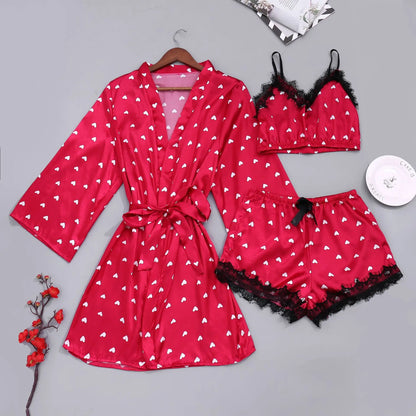 Conjunto Luxo 4 Peças Cetim Royale com Renda (Robe Kimono + Regata + Shorts + Faixa)