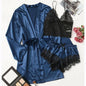 Conjunto Luxo 4 Peças Cetim Royale com Renda (Robe Kimono + Regata + Shorts + Faixa)