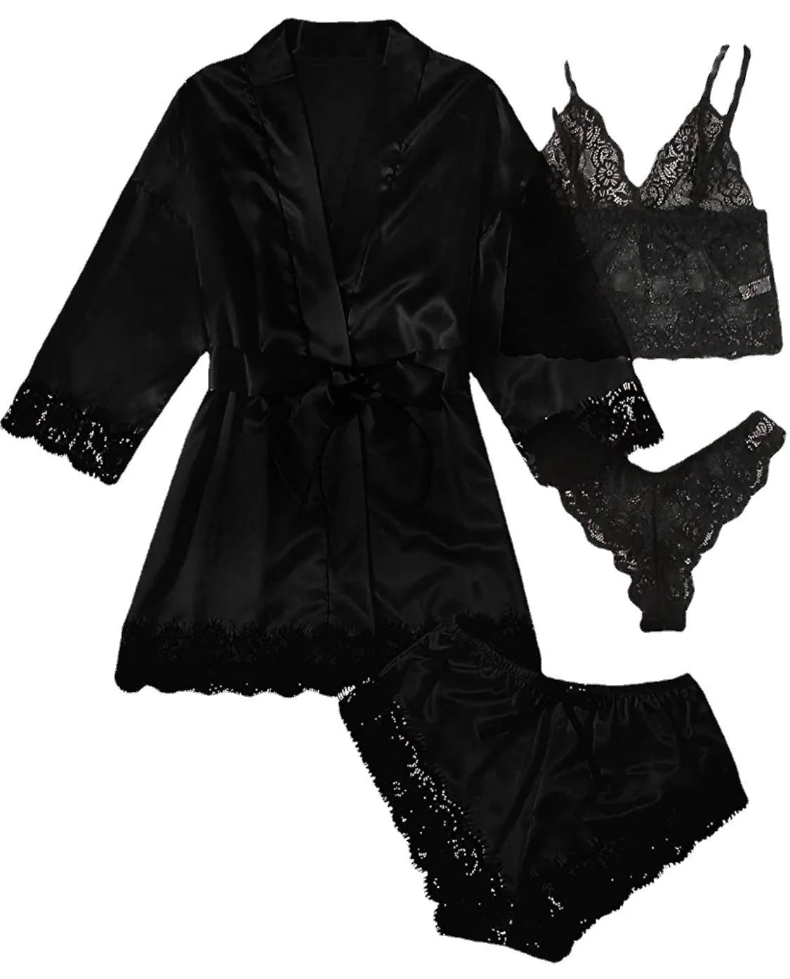 Conjunto Luxo 4 Peças Cetim Royale com Renda (Robe Kimono + Regata + Shorts + Faixa)