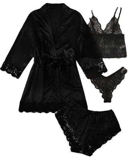 Conjunto Luxo 4 Peças Cetim Royale com Renda (Robe Kimono + Regata + Shorts + Faixa)