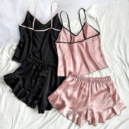 Conjunto Pijama Babados Sweet Tie (Regata Decote V + Shorts com Laço Acetinado)